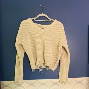 Planet Gold Cream V-neck Sweater with Distressed sleeves and Hem